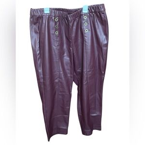Susan Graver Faux Leather Pull On Ankle Pants Button Detail Wine Size 1XP